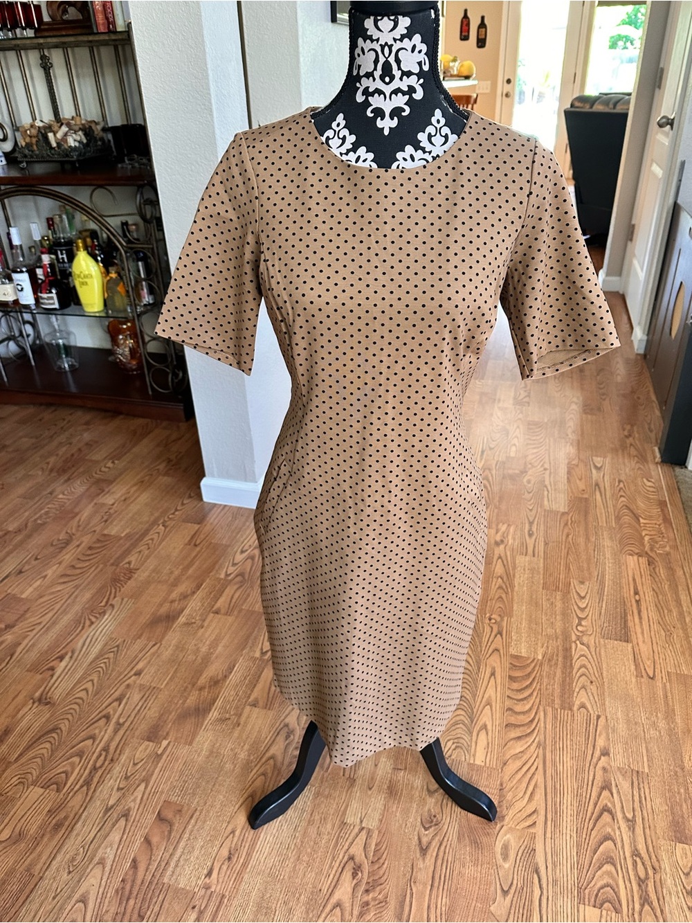 Lands' End Tan Mini Dress with Black Polka Dots